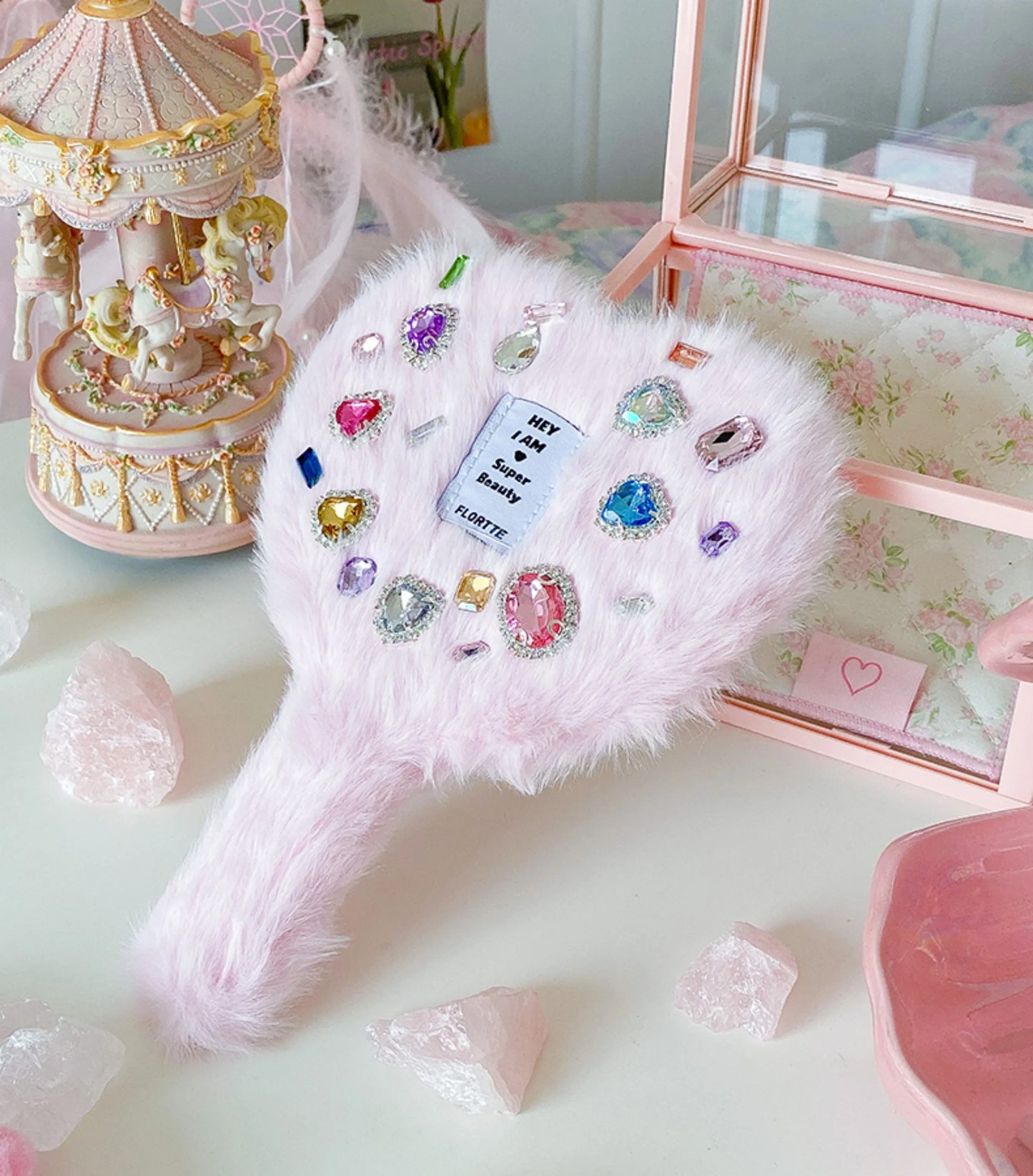 FLORTTE Plush Love Makeup Handle Mirror